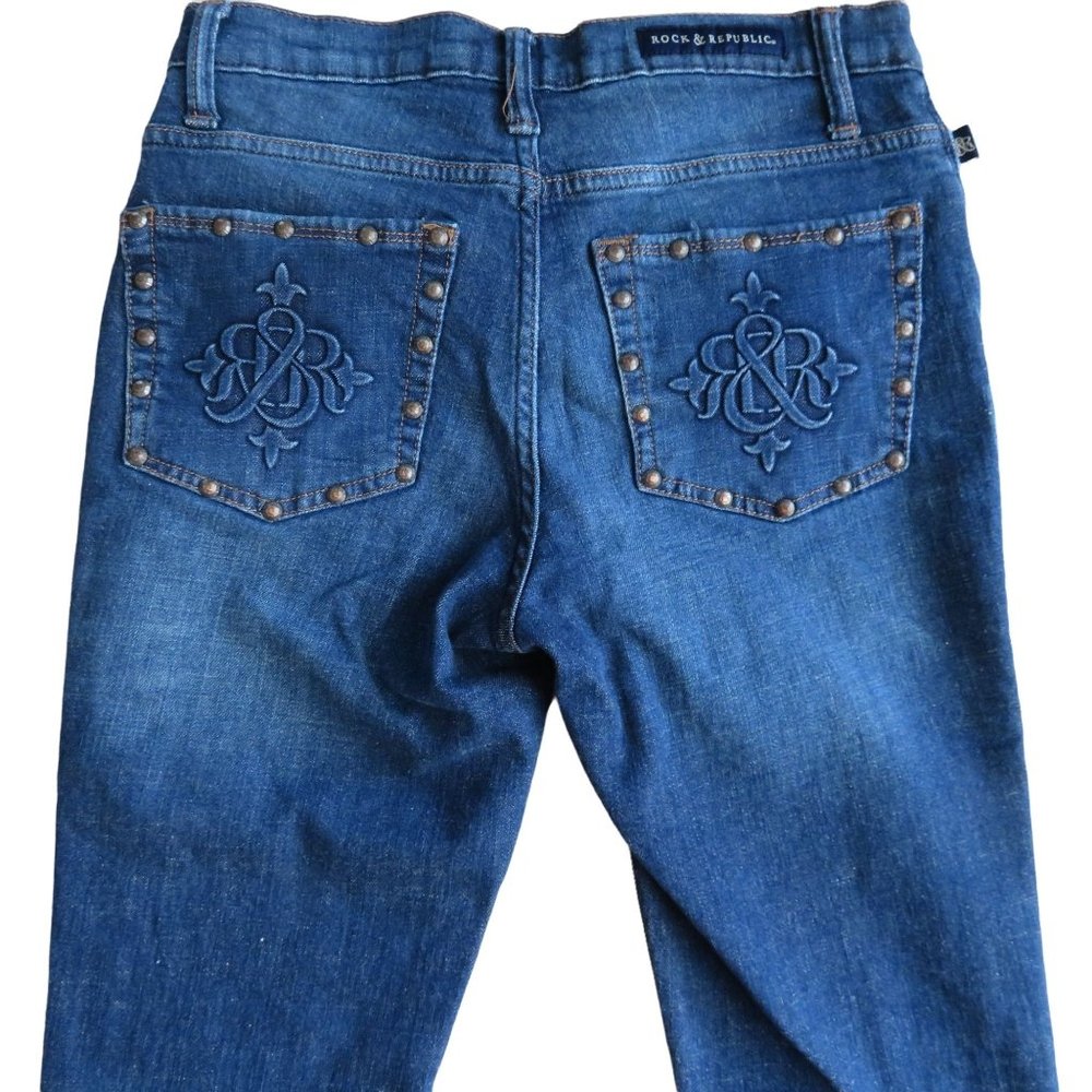Rock & Republic KASANDRA Distressed Jeans 6 Small Blue Cropped Frayed Studded